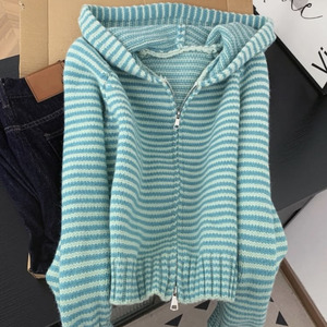 <span class=keywords><strong>Cardigan</strong></span> da <span class=keywords><strong>Donna</strong></span> Personalizzato <span class=keywords><strong>con</strong></span> Zip e Cappuccio, a Righe, in Maglia, Vestibilità Comoda e Ampia, Spalle Cadenti, in Acrilico, per Uso Quotidiano Autunno/Inverno - Product Image 1