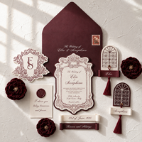 Invitations de mariage de luxe, suite d'invitations de mariage personnalisées, rouge vin, bordeaux, or, sceau de cire, design baroque