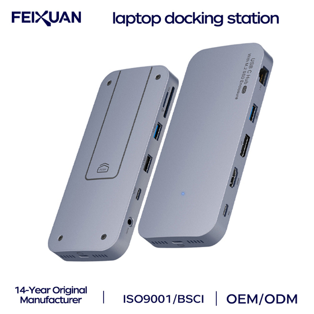 Space Gray 12 in 1 Type C Multiport Dock Aluminum Housing, M.2 SSD Case, DP RJ45 PD SD TF Audio, 0.5M E-Mark C to C Cable