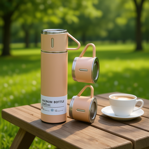 Set di bottiglie sottovuoto in acciaio inossidabile da 500 ml con 2 tazze, thermos da viaggio per caffè, tè, acqua, design minimalista, confezione regalo inclusa - Product Image 2