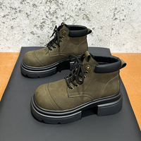 Sepatu Boots Wanita Kulit Retro Gaya Inggris Baru, Anti Air, Bernapas, Sol Tebal Katun, Model Pendek Chunky untuk Musim Gugur dan Musim Dingin