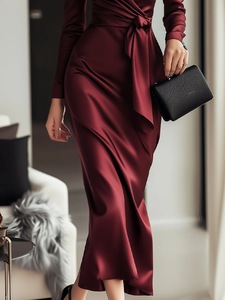 <span class=keywords><strong>Vestido</strong></span> Casual de Satén con Lazada Cruzada, <span class=keywords><strong>Manga</strong></span> <span class=keywords><strong>Larga</strong></span> y Cuello en V, Elegante <span class=keywords><strong>Vestido</strong></span> para Mujer - Product Image 6