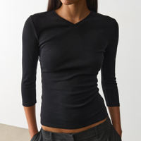 T-shirt court personnalisé en gros pour femme, coupe classique, 100 % coton écologique, col en V uni et manches trois quarts