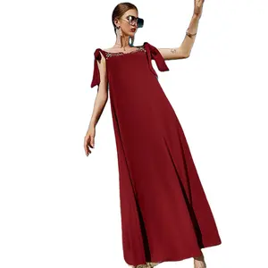 Robe sans manches, en dentelle, cousue à la main, pour femme, tenue Chic, de voyage, couleur vin rouge, nouvelle collection