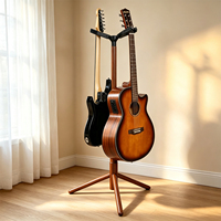 Support de Guitare Double à Verrouillage Automatique en Noyer Noir, Trépied de Sol pour Guitare, Basse, Violoncelle avec Anneau de Protection en Caoutchouc