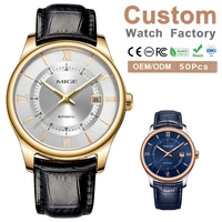 Montre homme mécanique automatique de haute qualité, boîtier en acier inoxydable, style minimaliste, bracelet en cuir, personnalisable OEM.