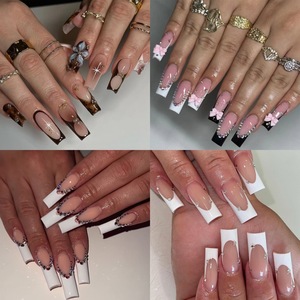 Faux ongles à presser en gros, nouveau style européen et américain, motif nœud français, blancs, <span class=keywords><strong>mi</strong></span>-longs et extra longs, carrés effilés F - Product Image 1