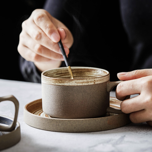 แก้วกาแฟเซรามิกทำมือสไตล์วินเทจพร้อมจานรอง ชุดแก้วน้ำนม น้ำเปล่า สำหรับอาหารเช้า - Product Image 1