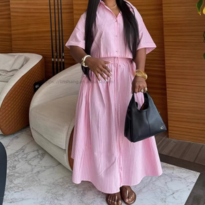 Women's Collared Striped Short-Sleeve Shirt High-Waisted Slim-Fit <b>Tie</b>-Waist Skirt African New Style 2-Piece <b>Set</b> Fashion - Product Image 3