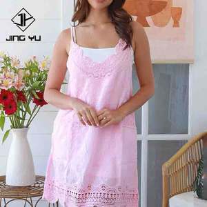 Nuevo vestido mini rosa con encaje bordado en forma de abanico y cuello en V, personalizado, 100% algodón bordado. - Product Image 2