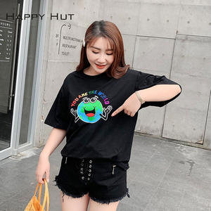 Camiseta de Verano para Mujer Happy Hut, de Algodón, Manga Corta, Negra, Talla Grande, Transpirable, con Estampado Jersey N7010 - Product Image 2