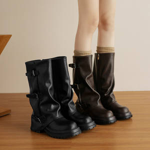 Bottines en cuir à talon épais de style décontracté rétro, avec boucle de ceinture ronde et semelle en forme de muffin - Product Image 5