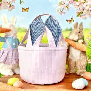 Canasta de Pascua Personalizada con Asa de Tela Seersucker y Orejas de Conejo, Gran Venta - Product Image 1