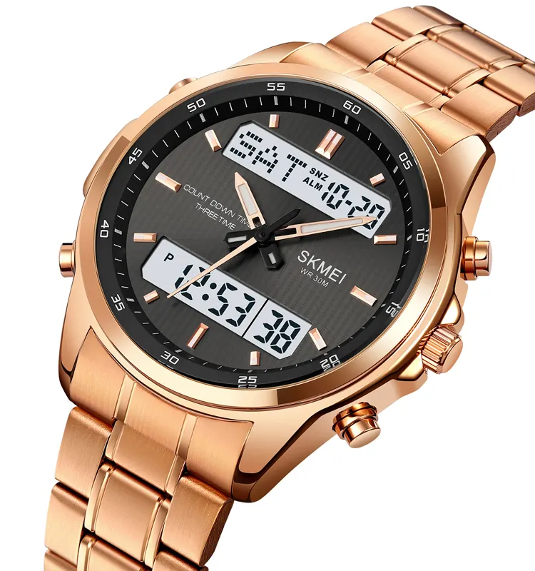Skmei 2049 카운트 다운 타이머 시계 럭셔리 골드 남성 방수 아날로그 디지털 손목 시계