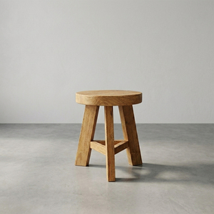 Old Teak Stool with Sustainable Reclaimed Wood and Triangle <b>Legs</b>, Natural Weathered Texture Round Stool for Home Decor - Product Image 6