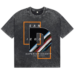 Camisetas de Manga Corta para Hombre, de Alta Calidad, Negras, Lavado Ácido, Algodón Transpirable, Cuello Redondo, Estampado de Letras, Estilo Urbano, para Venta al Por Mayor - Product Image 1