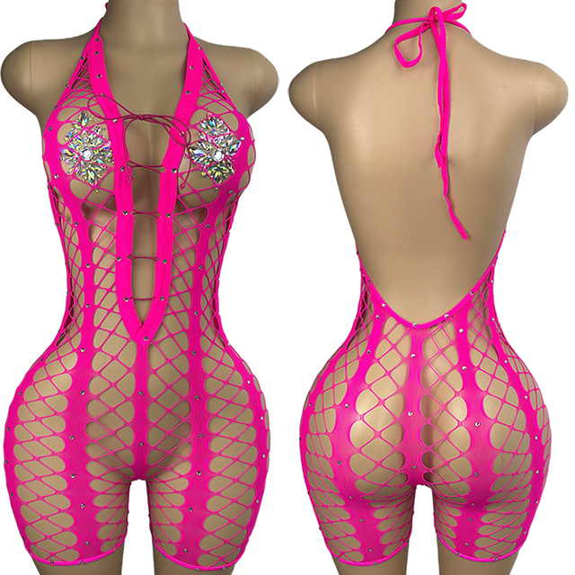 W.E.Handmade Fishnet Low Back Halter Performance Wear Stripper Outfit Exotic Dancewear