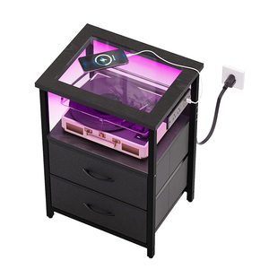 Glass Top Rectangular Fabric Black <strong>Side</strong> <strong>Table</strong> Hollow 2 <strong>Drawers</strong> With Socket LED Light 1PC - Product Image 5