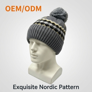 Bonnet tricoté personnalisé à motif jacquard nordique avec pompon, doublure polaire chaude et revers côtelé, fournisseur de bonnets d'hiver - Product Image 1