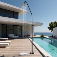 Colonne de douche extérieure moderne en acier inoxydable brossé noir, ensemble de douche pour piscine et plage, avec pommeau de douche pluie circulaire pour eau froide