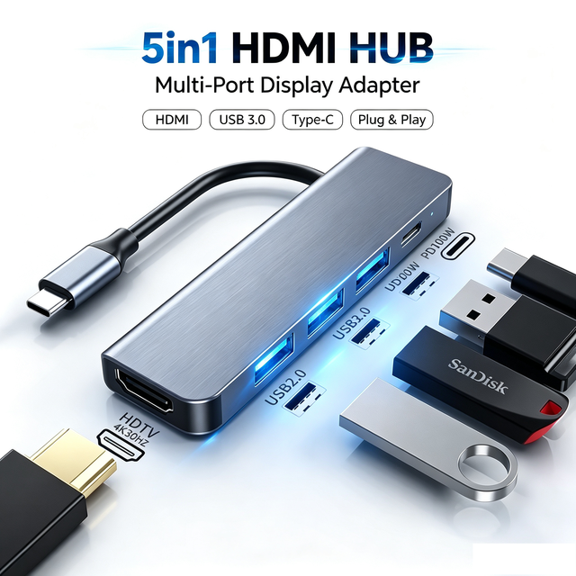 Type C Multiport Adapter 5 in 1 Aluminum for 2.0 4K HDTV 100W PD Charger USB 3.0 2.0 Hub MacBook Laptop Accessories