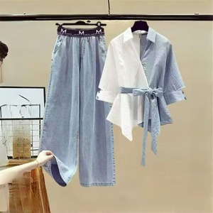 Completo Donna <span class=keywords><strong>Primavera</strong></span> Estate Nuova Versione Coreana Camicia a Due Pezzi con Inserti <span class=keywords><strong>e</strong></span> Jeans a Gamba Larga Set da Due Pezzi Ringiovanente - Product Image 4