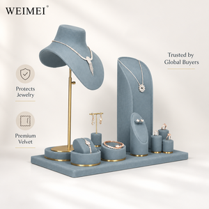 WEIMEI Ensemble de présentoirs à bijoux en velours gris personnalisé avec base dorée, pour colliers, boucles d'oreilles et bagues, support de luxe pour bijoux - Product Image 3