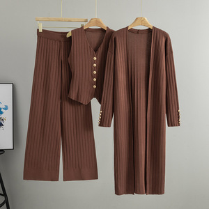 Women Knitted <b>Sweater</b> Set V-Neck <b>Sleeveless</b> Vest Long Cardigan Wide Leg Pants Autumn Spring Casual Outfit - Product Image 1