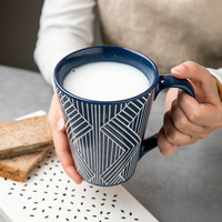 Tasse en céramique bleue profonde créative de 500ml en relief grande capacité tasse filaire domestique pour lait et café pour les fêtes