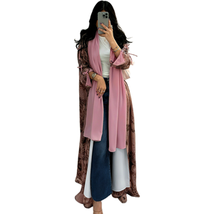 Abaya ouverte modeste 2026 pour femme, robe musulmane en mousseline imprimée, ensemble de vêtements islamiques en polyester, <span class=keywords><strong>printemps</strong></span>, automne, Eid, été, décontracté - Product Image 1