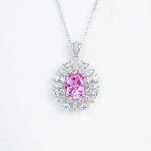 Collar de Plata de Ley 925 con Zafiro Rosa Padparadscha Cultivado en Laboratorio, Corte Ovalado con Halo de Diamantes, Joyería Fina para Mujer - Product Image 1