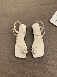 2026 Summer New French Style Pearl Decor <b>Open</b> <b>Toe</b> Sandals <b>Silver</b> square <b>Toe</b> Block <b>Heel</b> Roman Shoes Women - Product Image 2