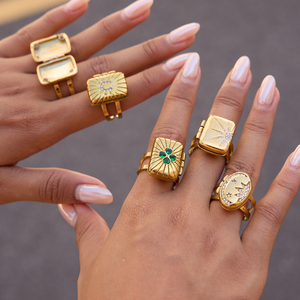 J & d 18k सोने की प्लेट स्टेनलेस स्टील के छल्ले पुराने सफेद गैंडा सूरज टैरो कार्ड फोटो लोकेट डिजाइन खुली अंगूठी - Product Image 1