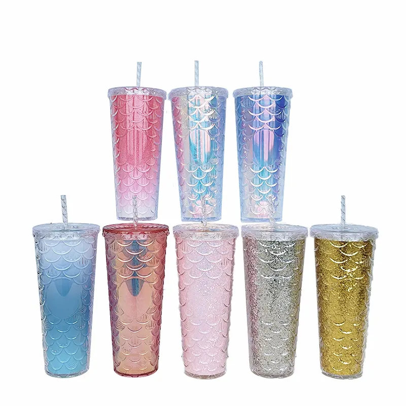 Wholesale 24oz plastic tumbler double wall drink Mermaid cup water bottle acrylic tumbler cups with straw and lid