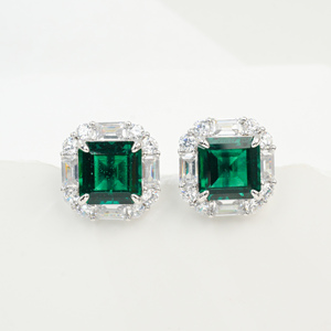 925 Sterling <b>Silver</b> Emerald Cut Lab Created Emerald Halo <b>Stud</b> Earrings - Product Image 1