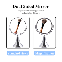 Miroir de table double face avec base trompette en métal chromé argenté, miroir de maquillage rond de bureau, miroir cosmétique, vente en gros