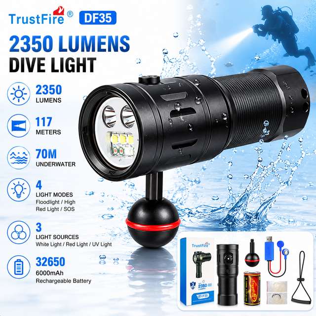TrustFire DF35 2350LM Dive Light 70M Underwater Waterproof Scuba Torch Red UV LED Flashlight for Diving Photography