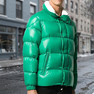 Blouson matelassé vert pour homme, col montant, rembourré de duvet, coupe-vent, fermeture éclair, manteau d'hiver décontracté, coupe régulière, coque en polyester épais - Product Image 4