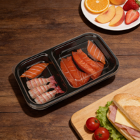 Conteneur alimentaire jetable en plastique à 2 compartiments, base noire, couvercle transparent, micro-ondable, boîte à bento, prix de gros usine