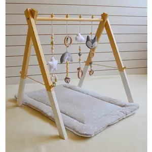 2023 Wooden Baby Gym With 6 Wooden Baby Toys Foldable Baby Play Gym