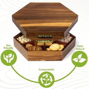 ZEMTAC Solid Wood Hexagonal Serving <b>Tray</b> With Compartment For Nuts Dried Fruits <b>Snacks</b> And Coffee Tea Set - Product Image 2