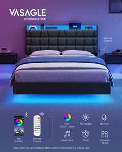 Khung giường VASAGLE cỡ <span class=keywords><strong>Full</strong></span> có trạm sạc, đầu giường có ngăn chứa đồ bọc nệm, khung giường nổi cỡ <span class=keywords><strong>Full</strong></span> với đèn LED - Product Image 2