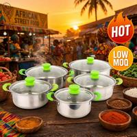 Ensemble de casseroles en acier inoxydable 5 pièces 16cm 18cm 20cm 22cm 24cm avec couvercle en verre et poignée en plastique, écologique et durable pour la cuisine domestique