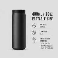 Bouteille d'eau isotherme à double paroi 480 ml avec logo personnalisé, couleur mate, couvercle coulissant avec verrou de sécurité, en acier inoxydable, pour voyage