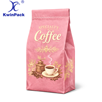 Emballage personnalisé imprimé, sac à café en forme de pochette à fond plat avec valve, logo noir mat pour aliments et bonbons