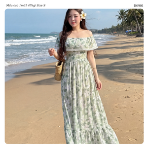 Women’s Floral Chiffon Off Shoulder <b>Maxi</b> <b>Dress</b> <b>Flutter</b> <b>Sleeve</b> Flowy A Line Resort <b>Dress</b> OEM ODM Wholesale Vietnam Manufacturer - Product Image 4