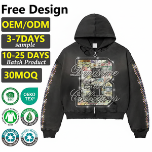 Custom Stone Wash 100% Cotton Winter Hoodie with Digital Printed Rhinestones and Flame Print - Product Image 1