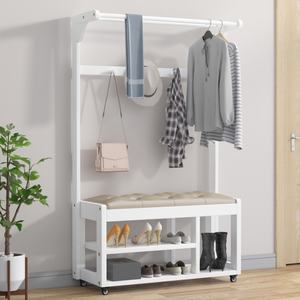 Nouveau design : Banc à chaussures en bois avec porte-vêtements suspendu – Meuble de salon, étagère à chaussures et porte-manteau - Product Image 6