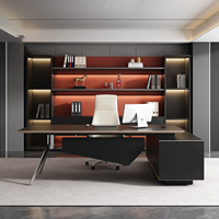 Ensemble de bureau de direction commercial de luxe minimaliste italien noir en forme de L avec armoire latérale en bois pour PDG, style luxe léger