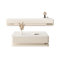 Ensemble de salon cannelé crème avec meuble TV et table basse assortie, design à panneaux texturés, coins arrondis, pour la maison
